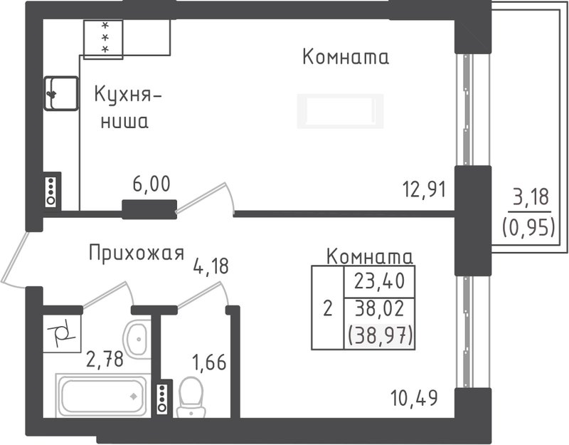 2 ккв (Евро) 39 м²