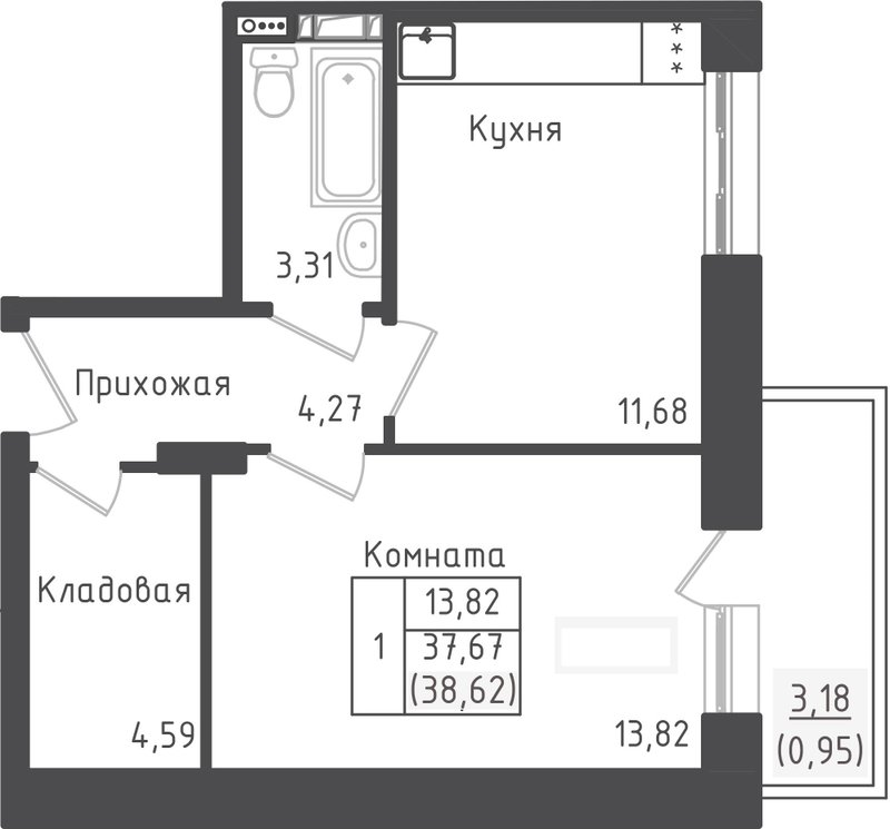 1 ккв 38,6 м²