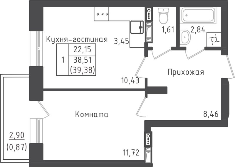 1 ккв 39,4 м²