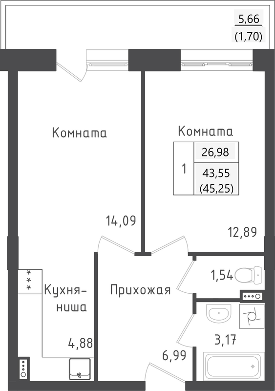 2 ккв (Евро) 45,3 м²