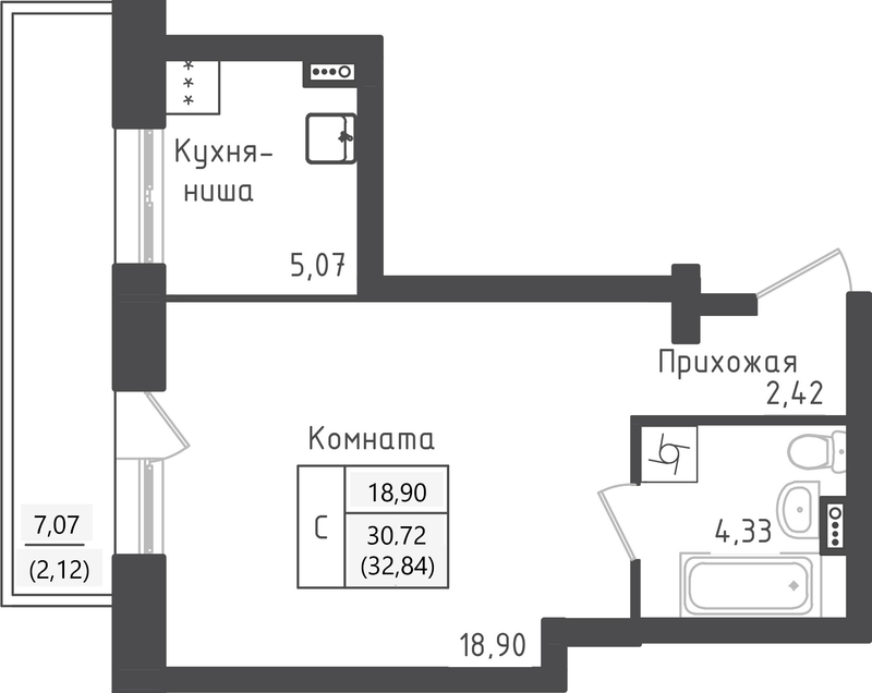Студия 32,8 м²