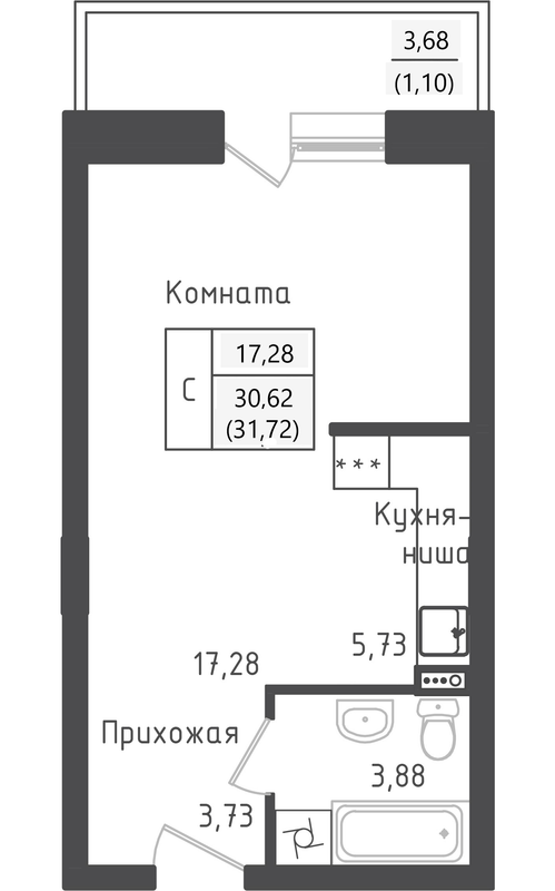 Студия 31,7 м²