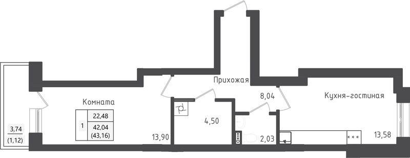 1 ккв 43,2 м²