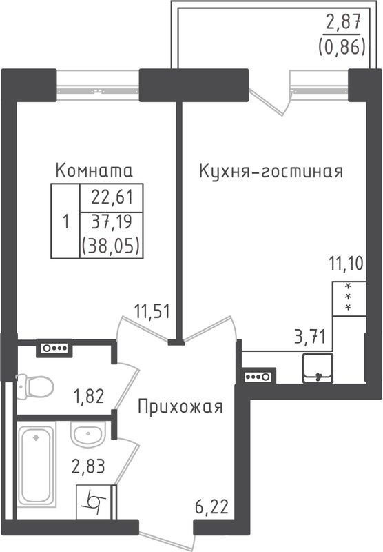 1 ккв 38,1 м²