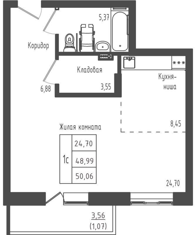 Студия 50,1 м²