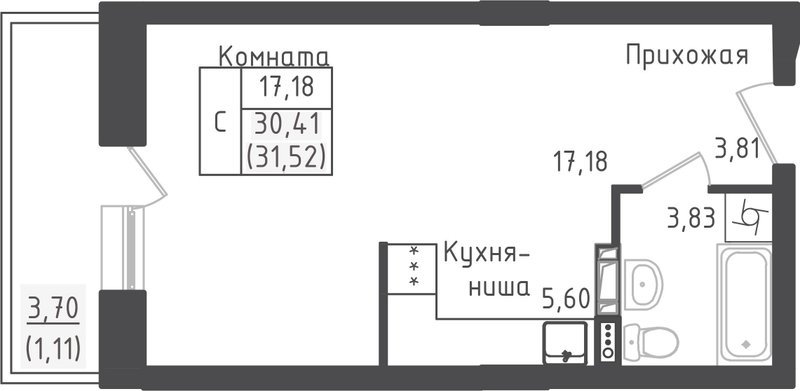 Студия 31,5 м²