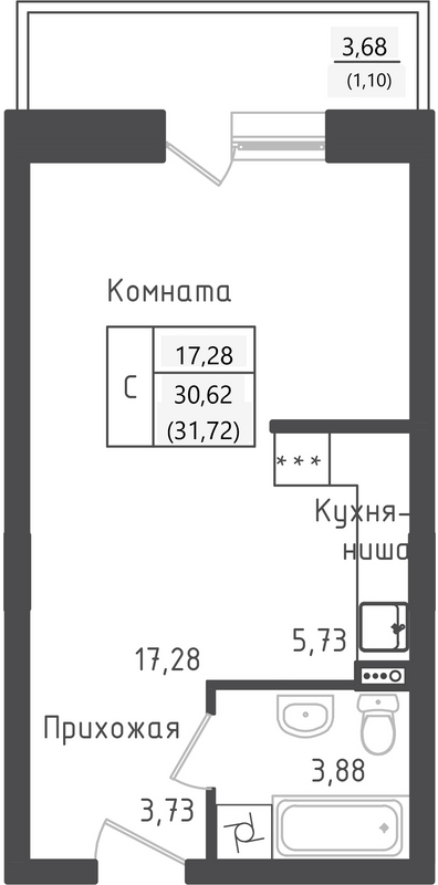 Студия 31,7 м²