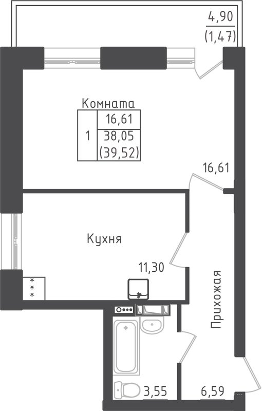 1 ккв 39,5 м²