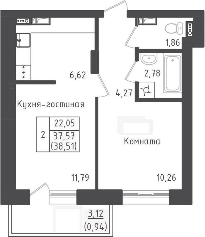 2 ккв (Евро) 38,5 м²