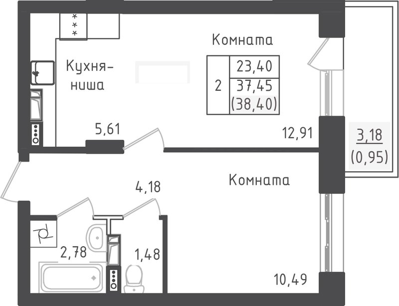 2 ккв (Евро) 38,4 м²