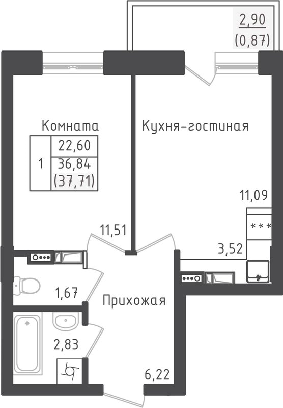 1 ккв 37,7 м²