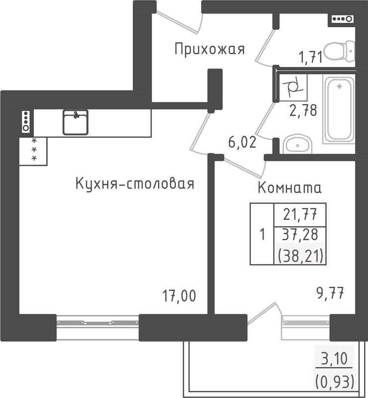2 ккв (Евро) 38,2 м²