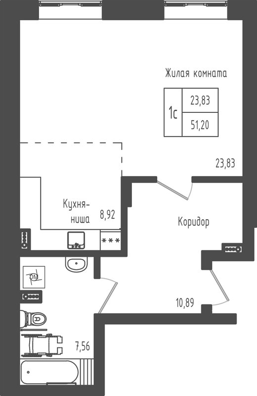 Студия 51,2 м²