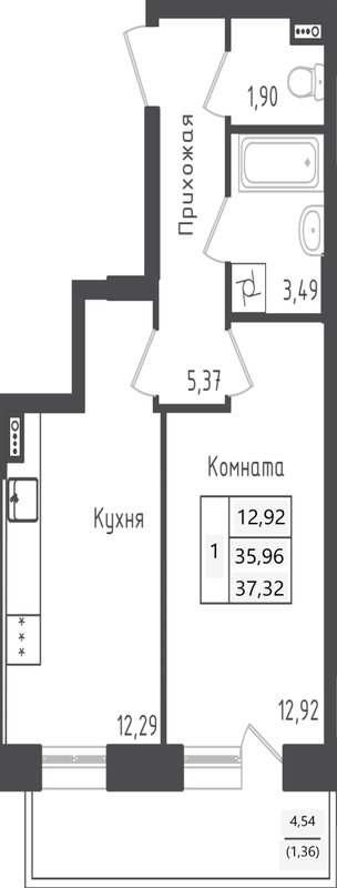 1 ккв 37,3 м²