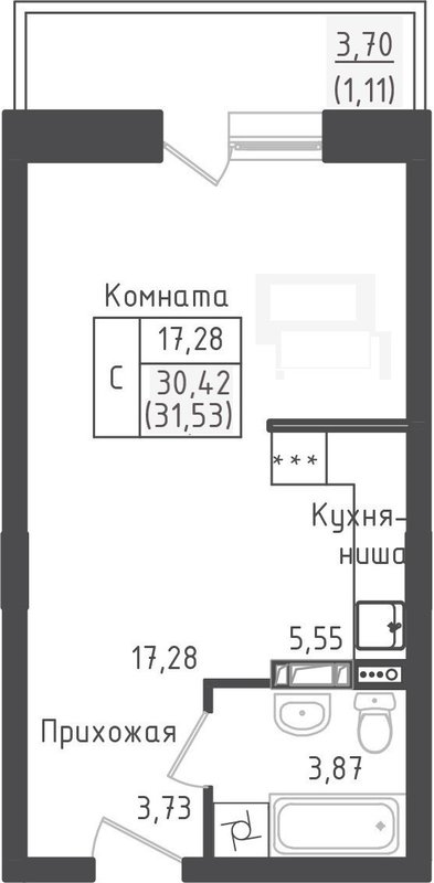 Студия 31,5 м²