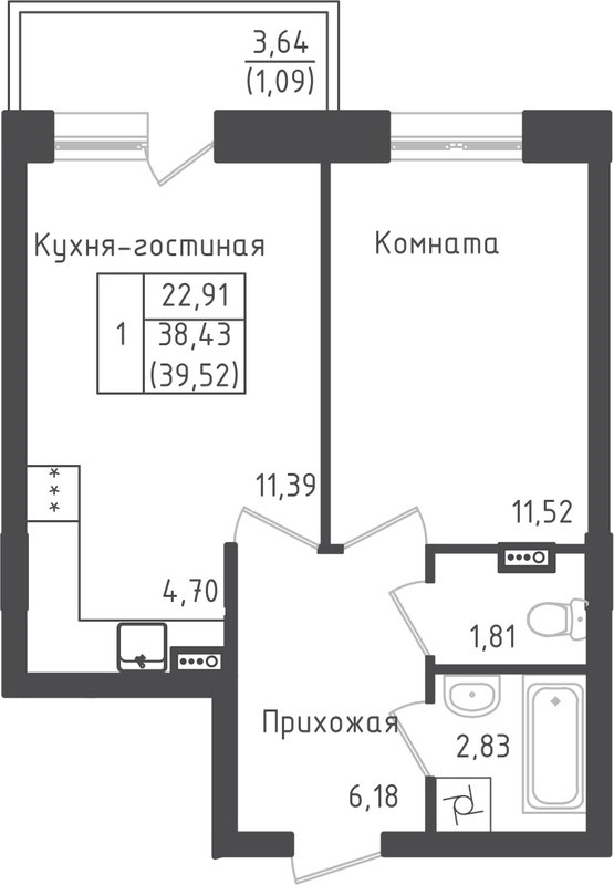 2 ккв (Евро) 39,5 м²