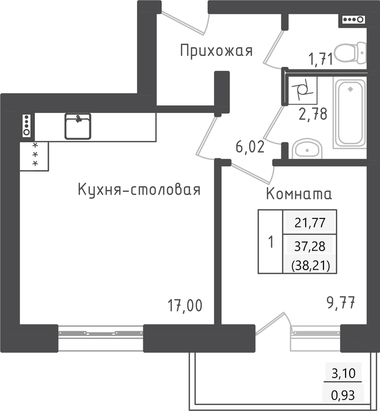 2 ккв (Евро) 38,2 м²