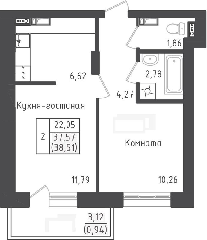 2 ккв (Евро) 38,5 м²