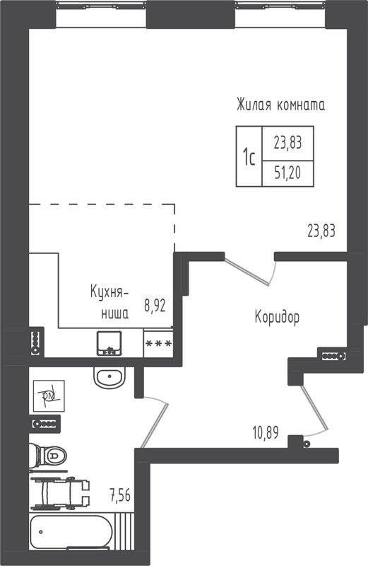 Студия 51,2 м²