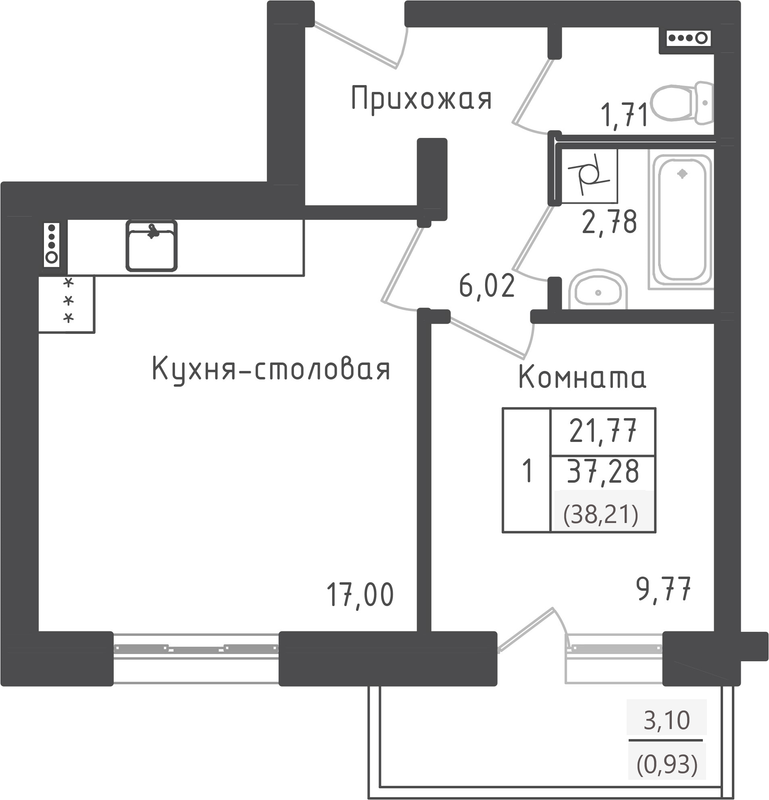 2 ккв (Евро) 38,2 м²
