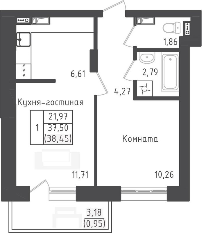 2 ккв (Евро) 38,5 м²