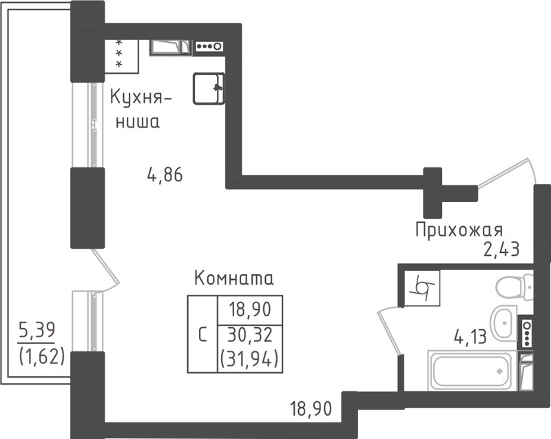 Студия 31,9 м²