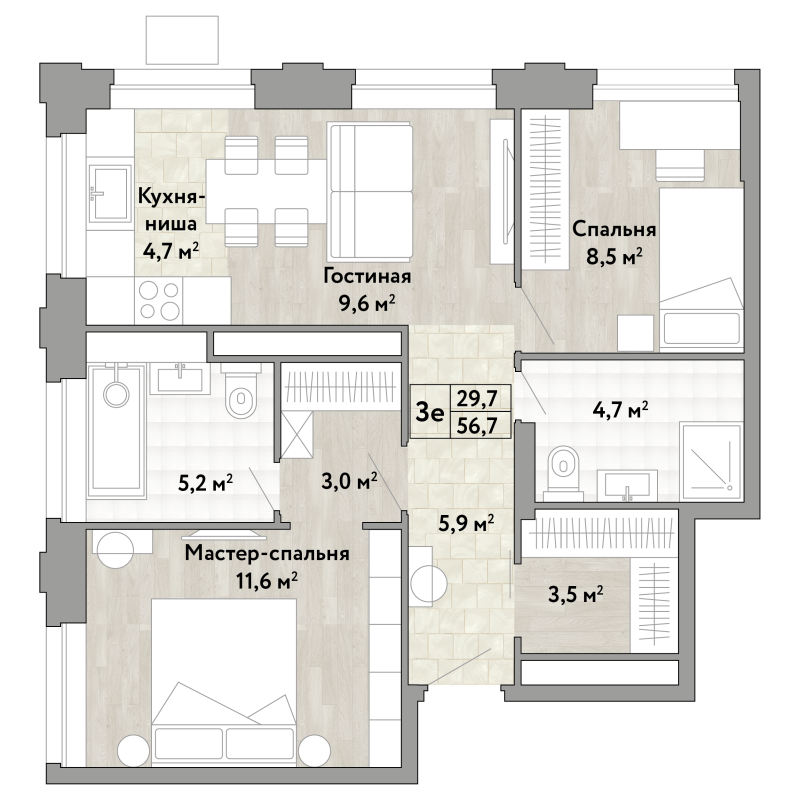 3 ккв (Евро) 56,7 м²