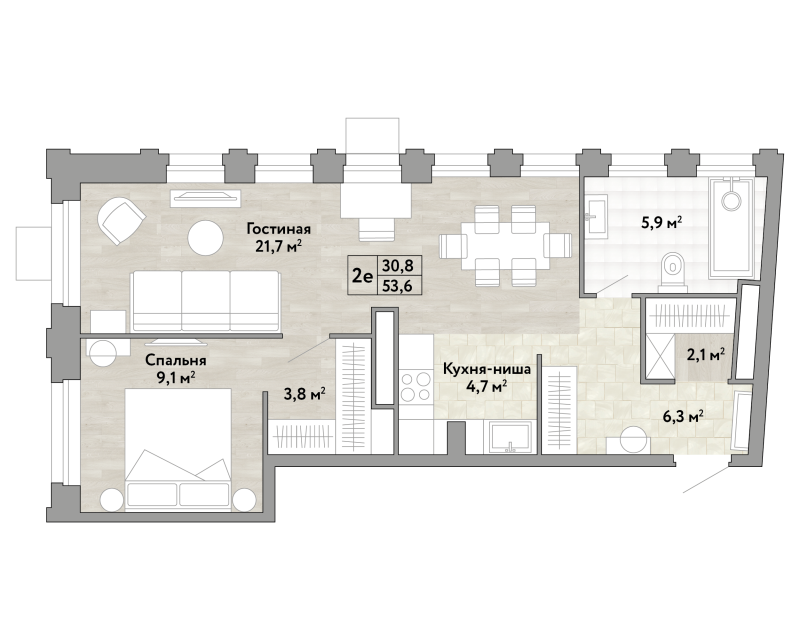 2 ккв (Евро) 53,6 м²