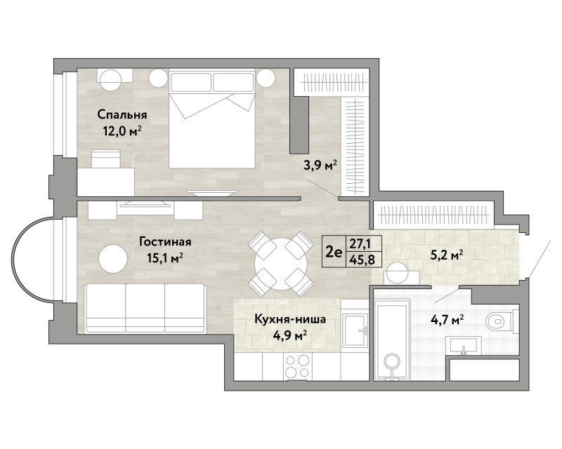 2 ккв (Евро) 45,8 м²