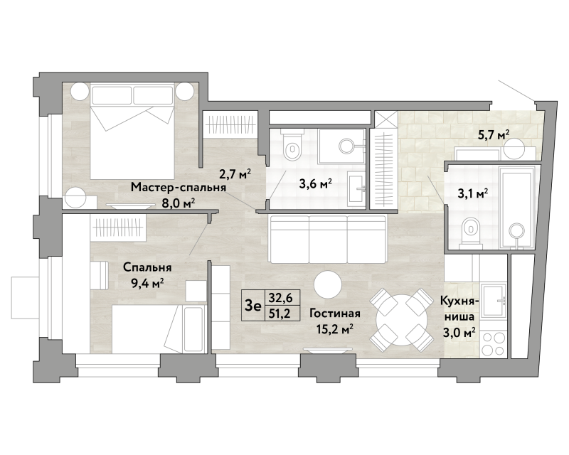 3 ккв (Евро) 51,2 м²