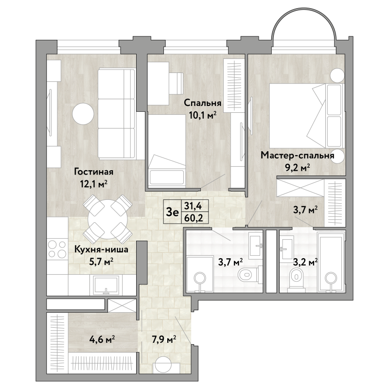 3 ккв (Евро) 60,2 м²