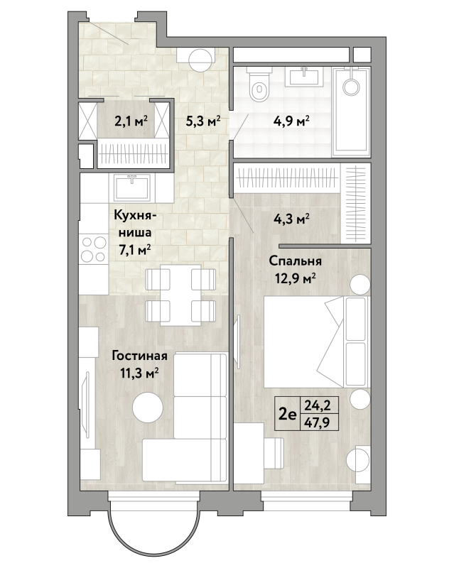 2 ккв (Евро) 47,9 м²