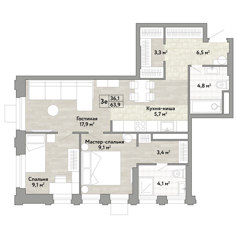 3 ккв (Евро) 63,9 м²