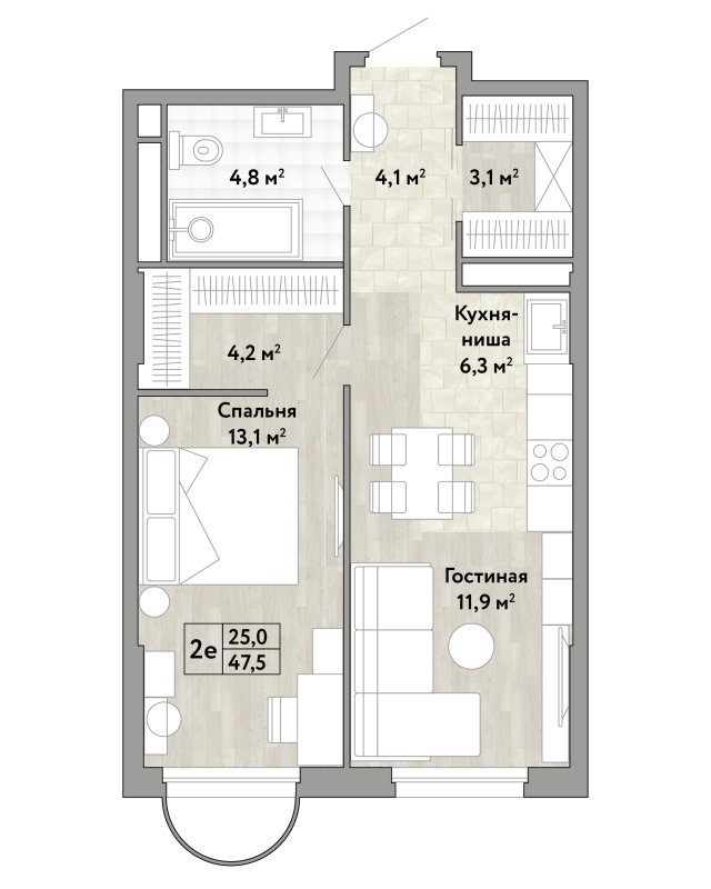 2 ккв (Евро) 47,5 м²