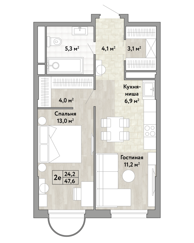 2 ккв (Евро) 47,6 м²