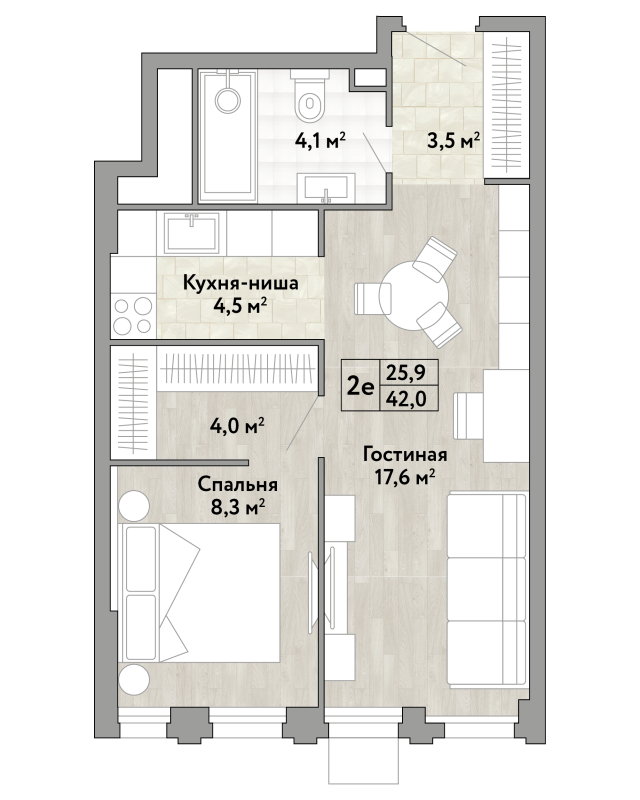 2 ккв (Евро) 42 м²