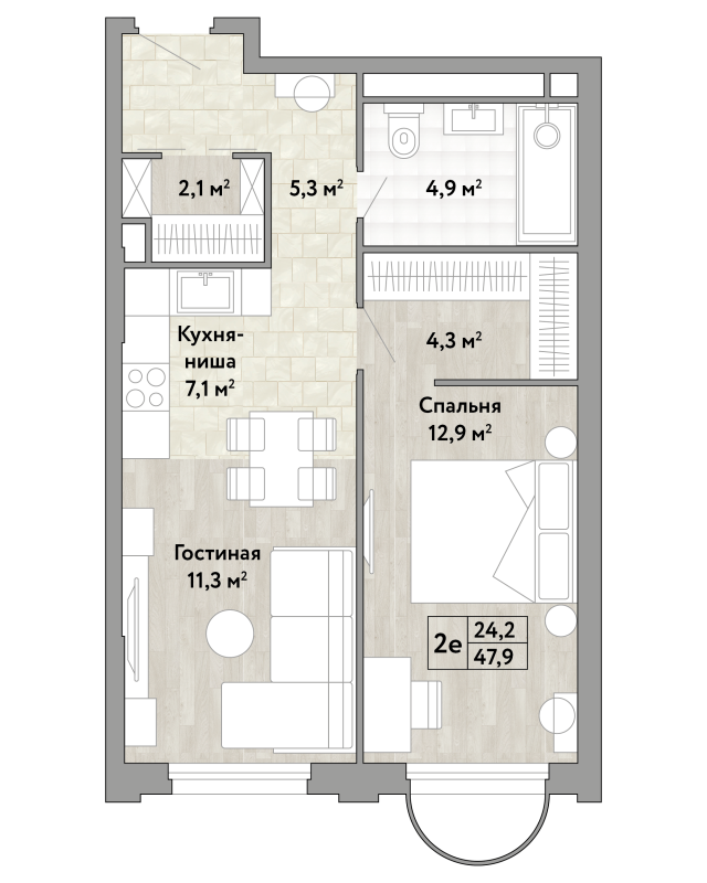 2 ккв (Евро) 47,9 м²