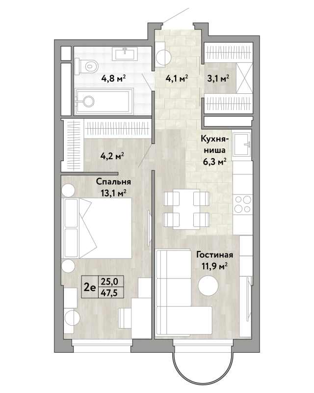 2 ккв (Евро) 47,5 м²