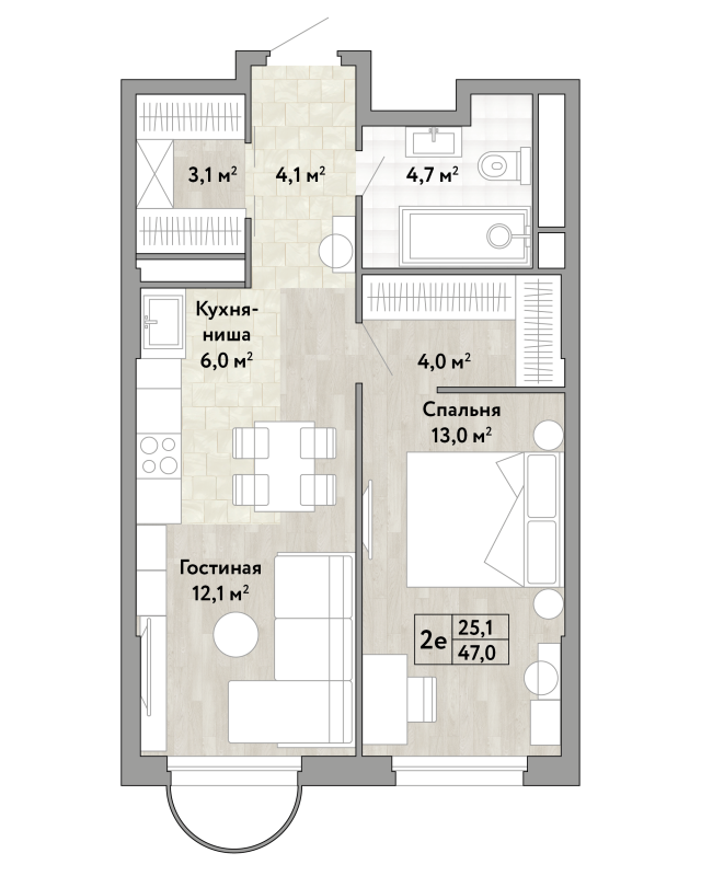 2 ккв (Евро) 47 м²