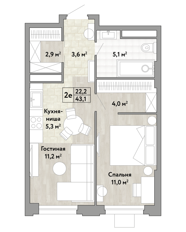 2 ккв (Евро) 43,1 м²
