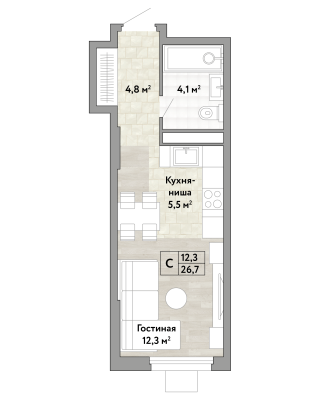 Студия 26,7 м²