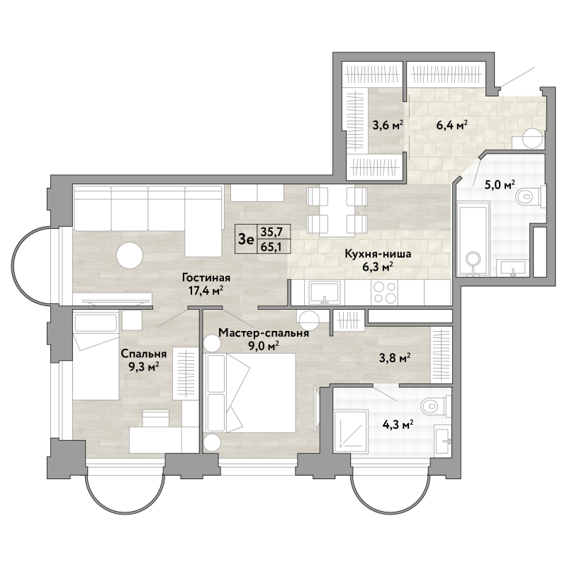 3 ккв (Евро) 65,1 м²