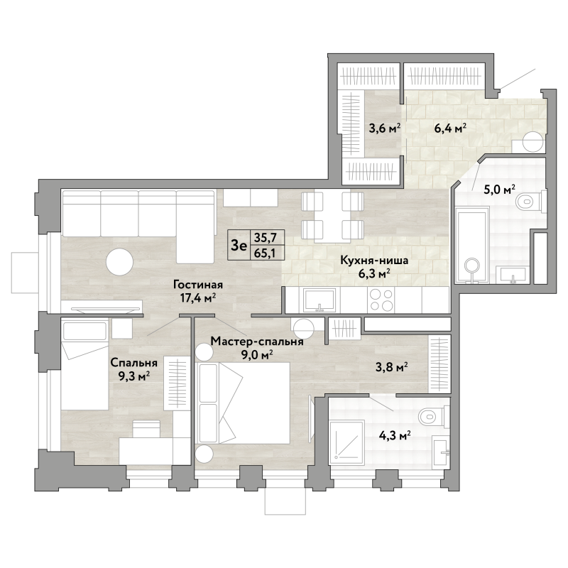3 ккв (Евро) 65,1 м²