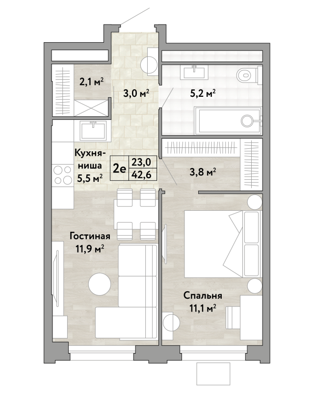 2 ккв (Евро) 42,6 м²