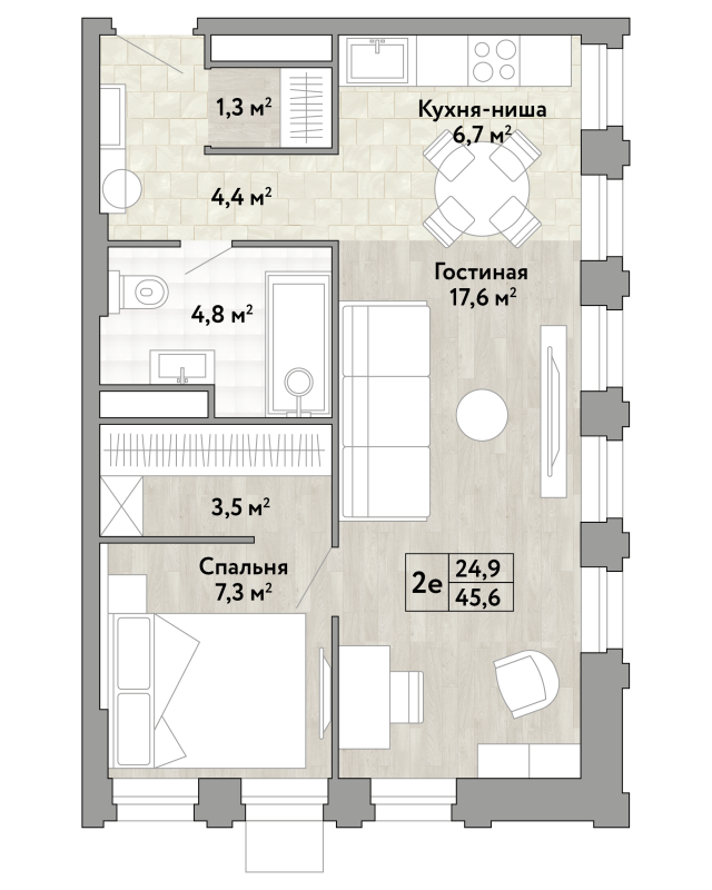 2 ккв (Евро) 45,6 м²