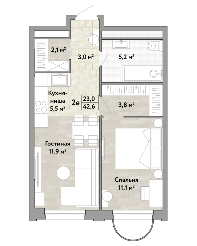 2 ккв (Евро) 42,6 м²