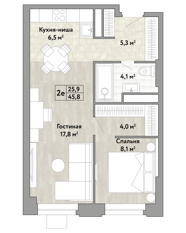 2 ккв (Евро) 45,8 м²