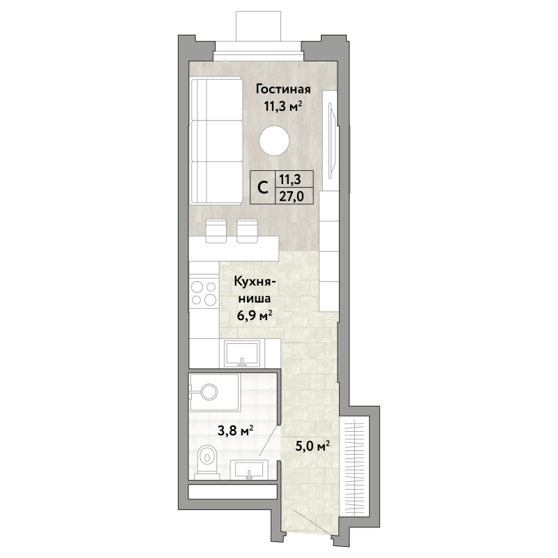 Студия 27 м²