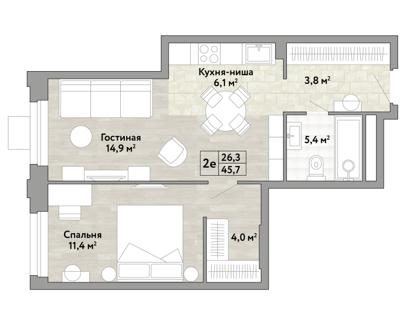 2 ккв (Евро) 45,6 м²