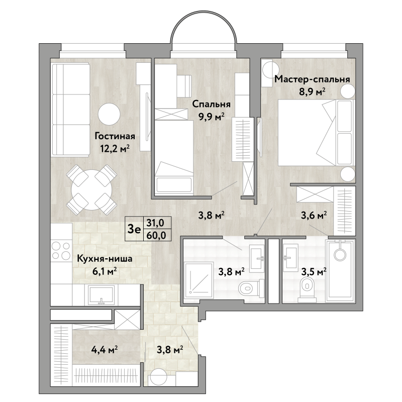 3 ккв (Евро) 60 м²